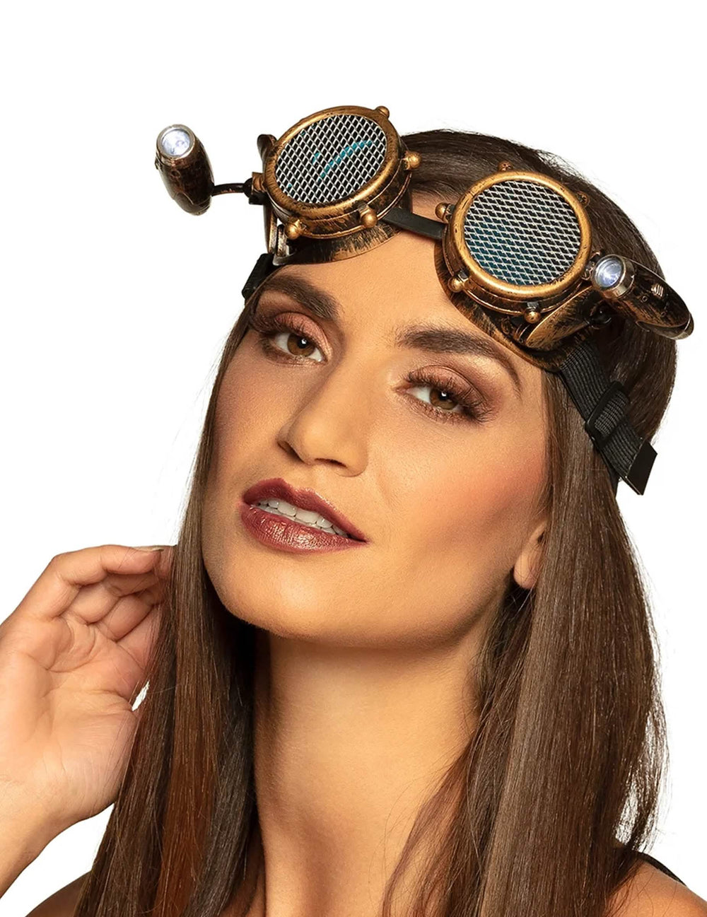 okuliare s čelovým svetlom steampunk pre dospelý bronzové s mriežkovanými sklami