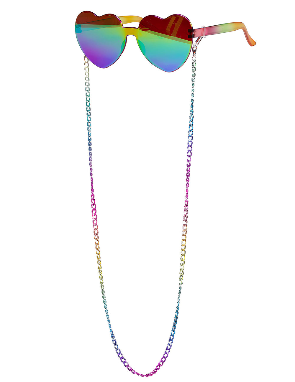 Vue de profil et détail de la chaîne des lunettes coeur arc en ciel à chaine pour adulte