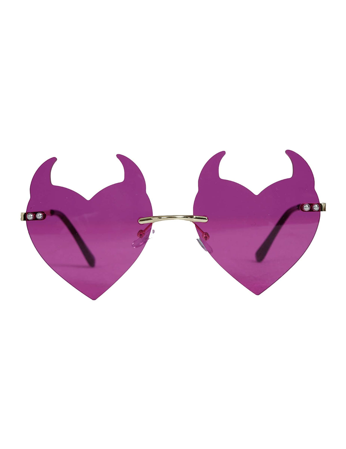 Détail des verres et des cornes des lunettes cœurs démoniaques