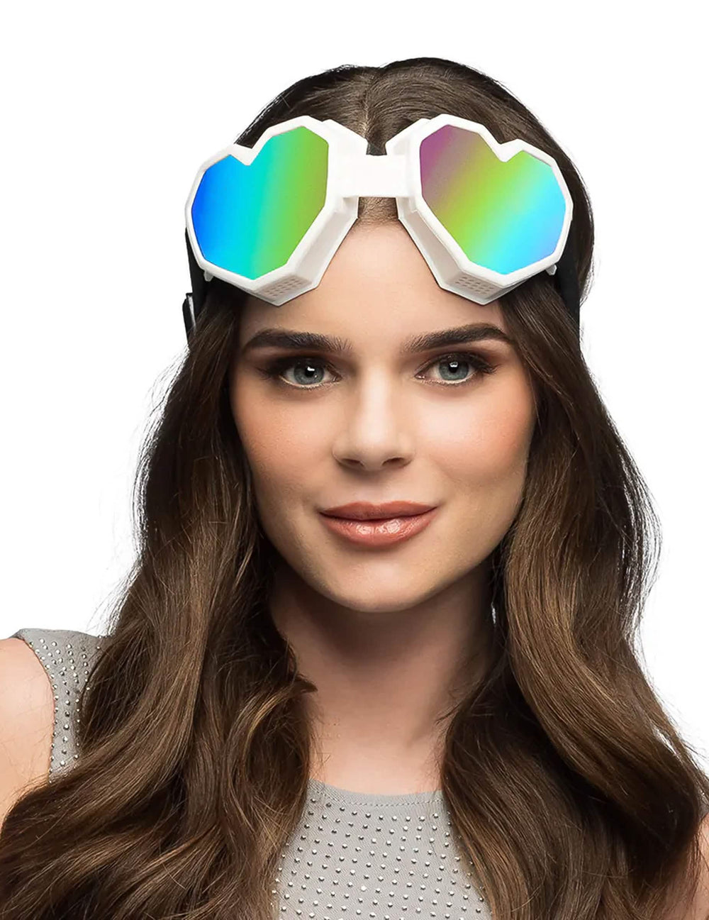 Lunettes de ski cœur pour adulte blanches avec verres holographiques