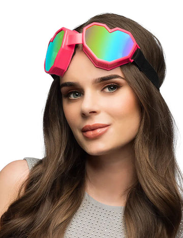 Lunettes de ski cœur pour adulte roses avec verres irisés