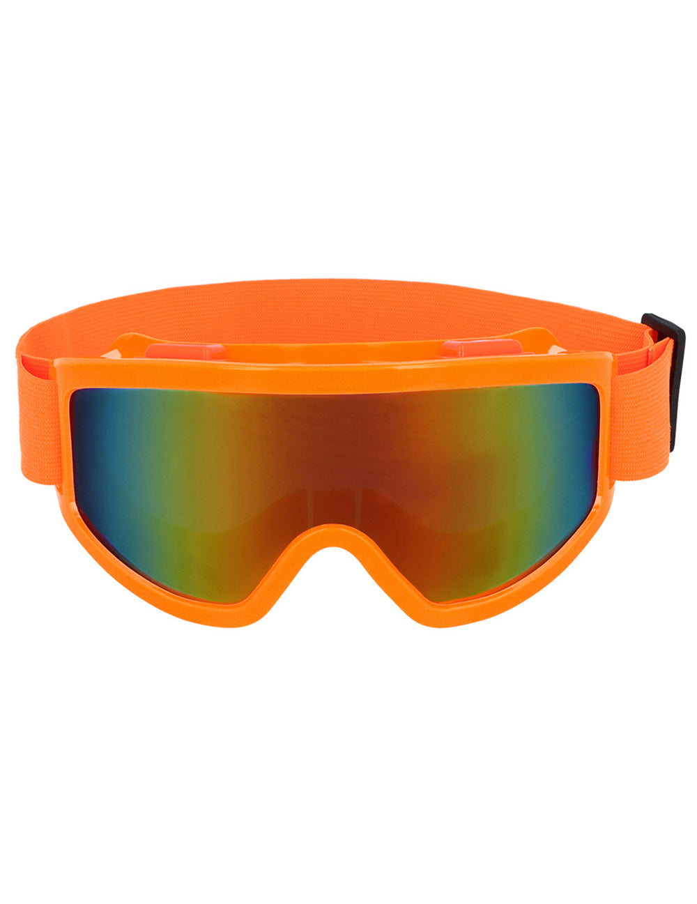 Gros plan sur les verres irisés des lunettes de ski orange fluo