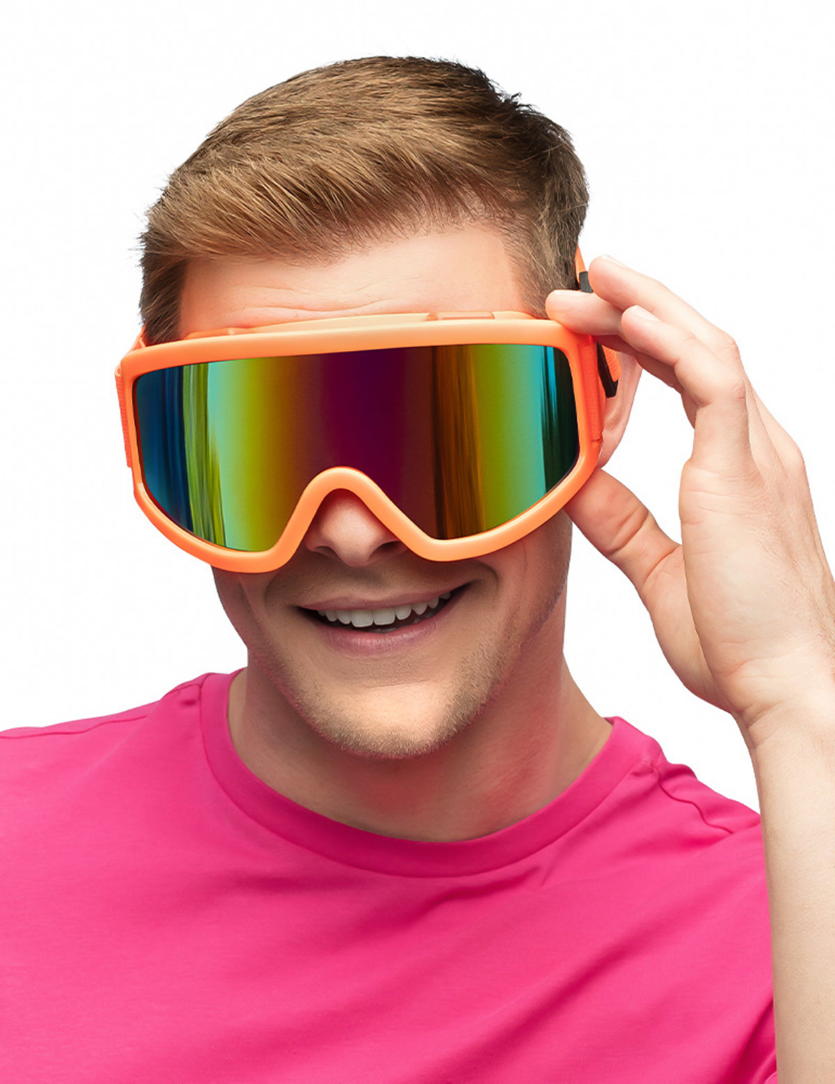 Vue de face des lunettes de ski orange fluo