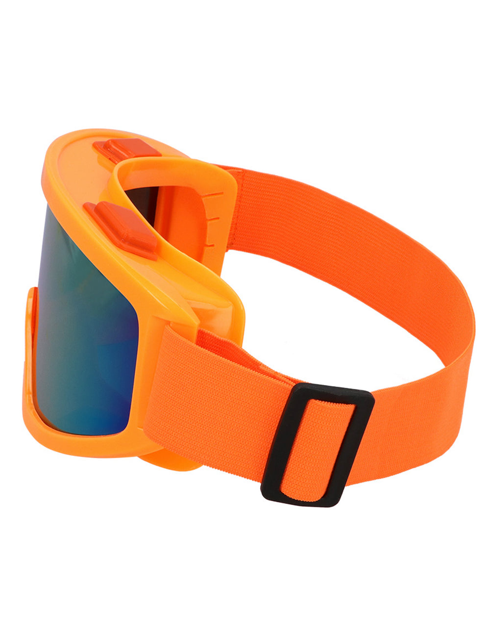 Vue de profil et de la sangle des lunettes de ski orange fluo pour adulte