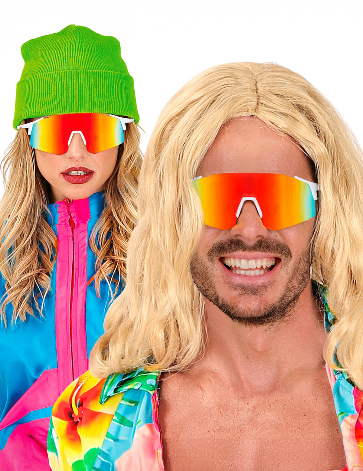Mise en situation sur un homme et une femme des lunettes de sportif arc en ciel