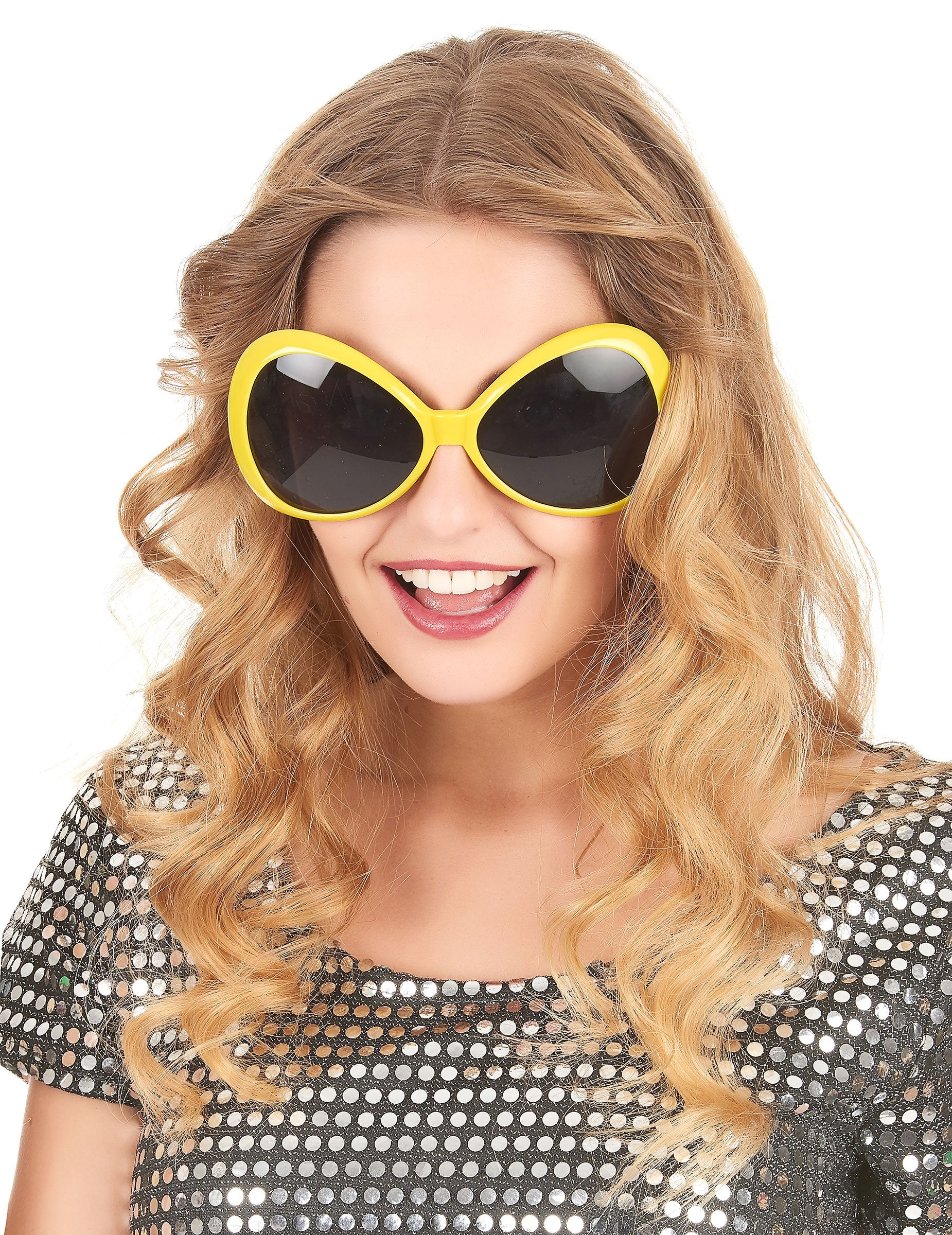 Vue de face portée des lunettes disco pour adulte jaune