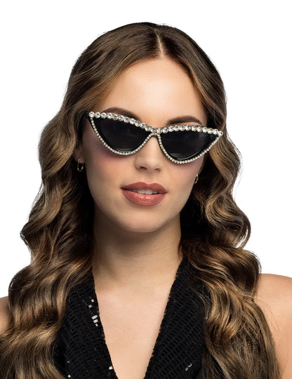 Lunettes glamour à strass pour adulte noires et brillantes