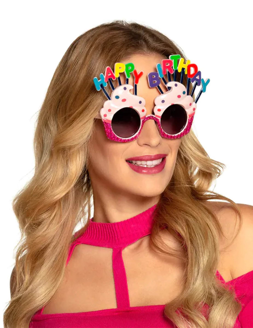okuliare Happy Birthday košíček pre dospelého ružová trblietavé s nápisom viacfarebné