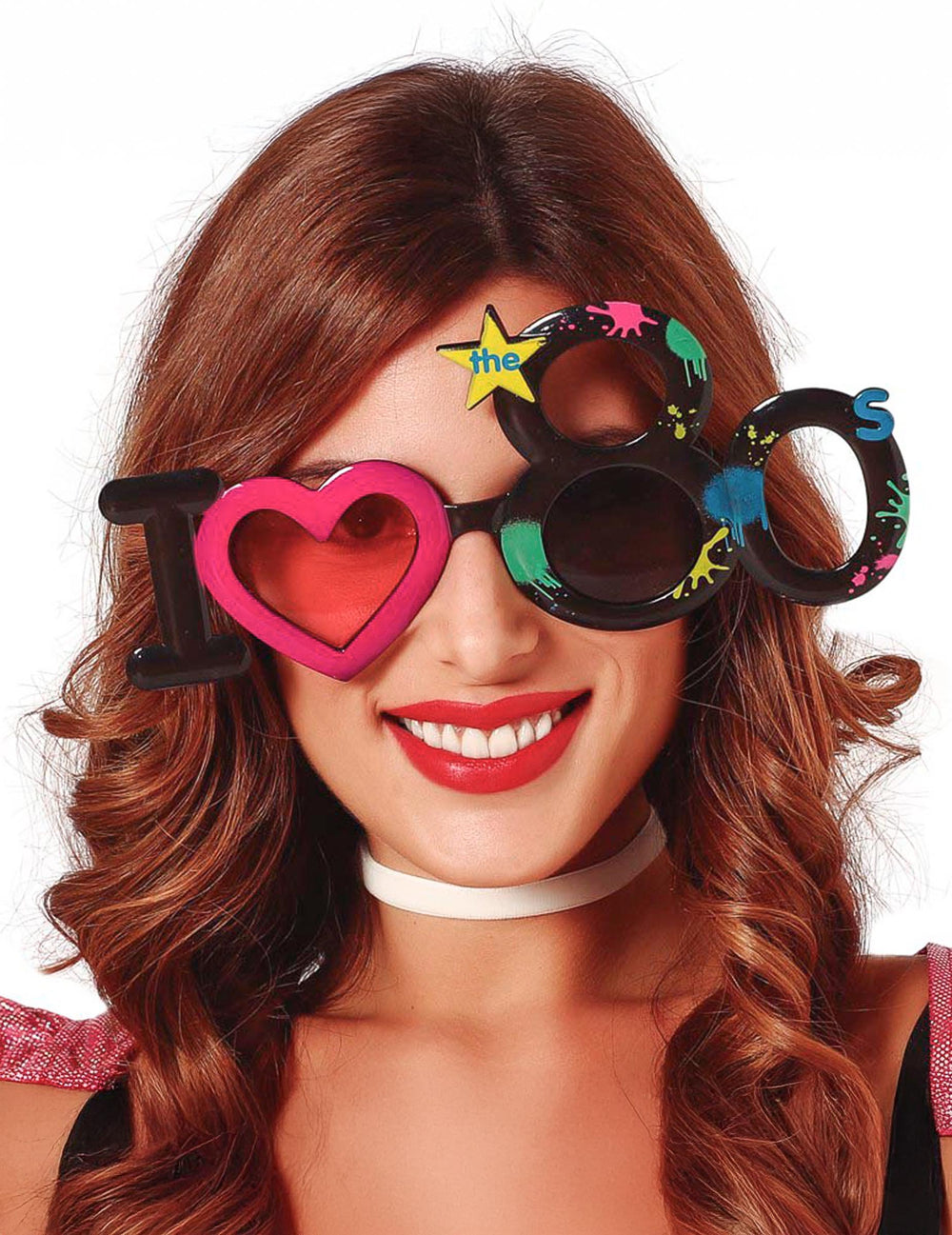 Lunettes I love 80's pour adulte noires avec cœur rose et taches multicolores