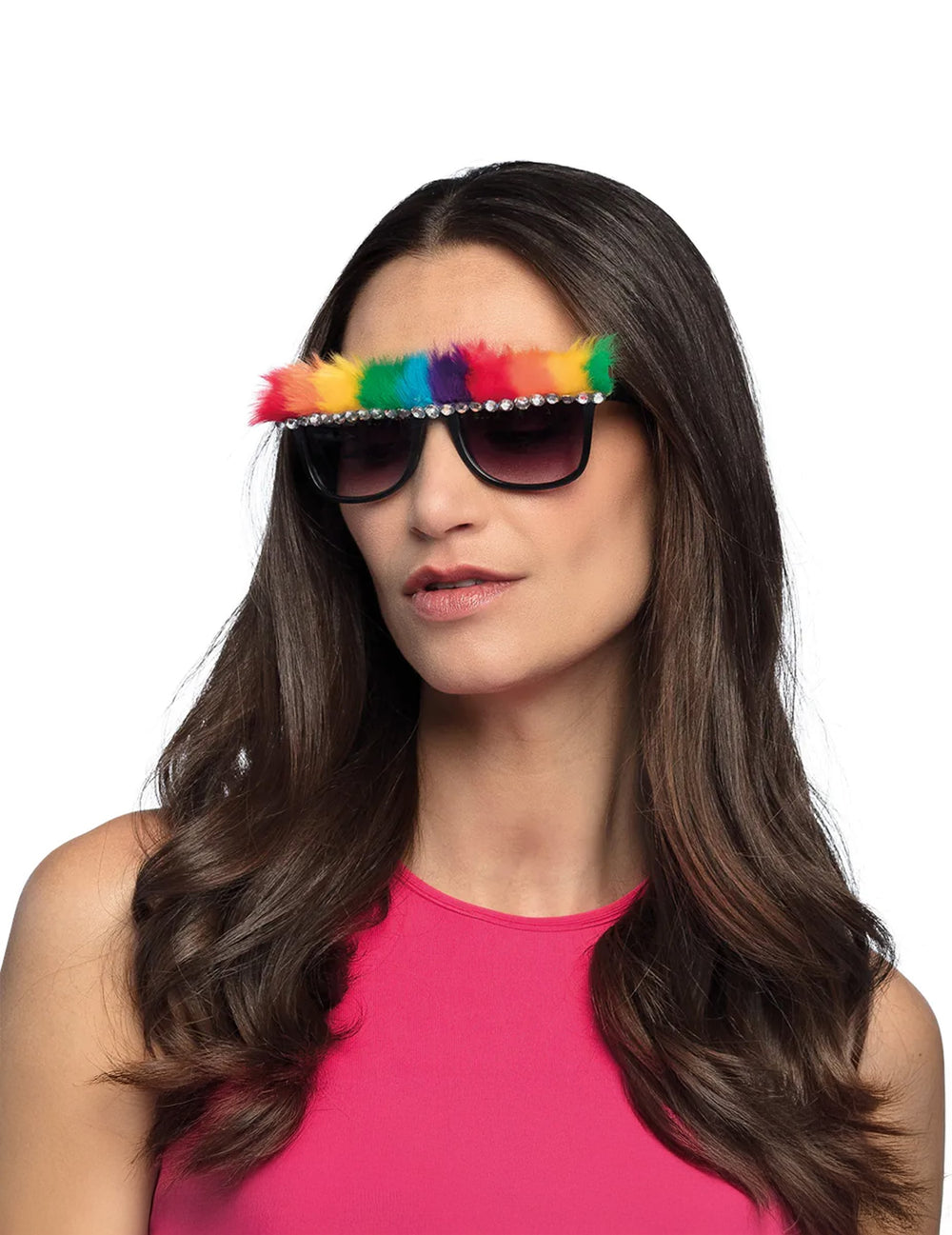 Lunettes party pride pour adulte à monture noire avec fourrure arc-en-ciel et strass