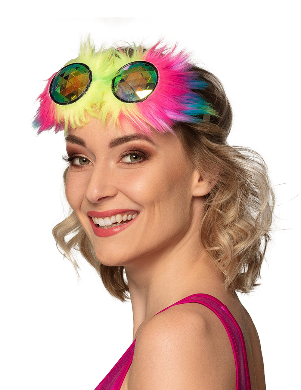 Vue de profil des lunettes rave party à poils multicolores