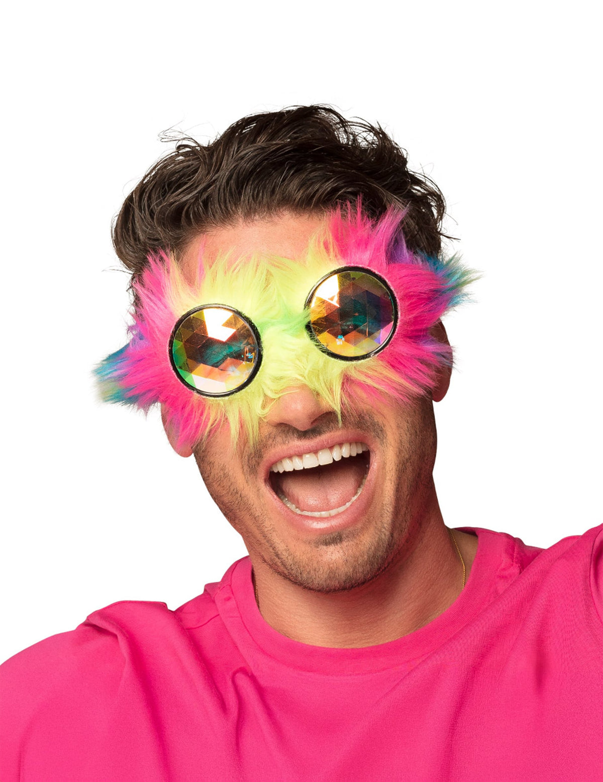 Vue de face des lunettes rave party à poils multicolores portées sur les yeux