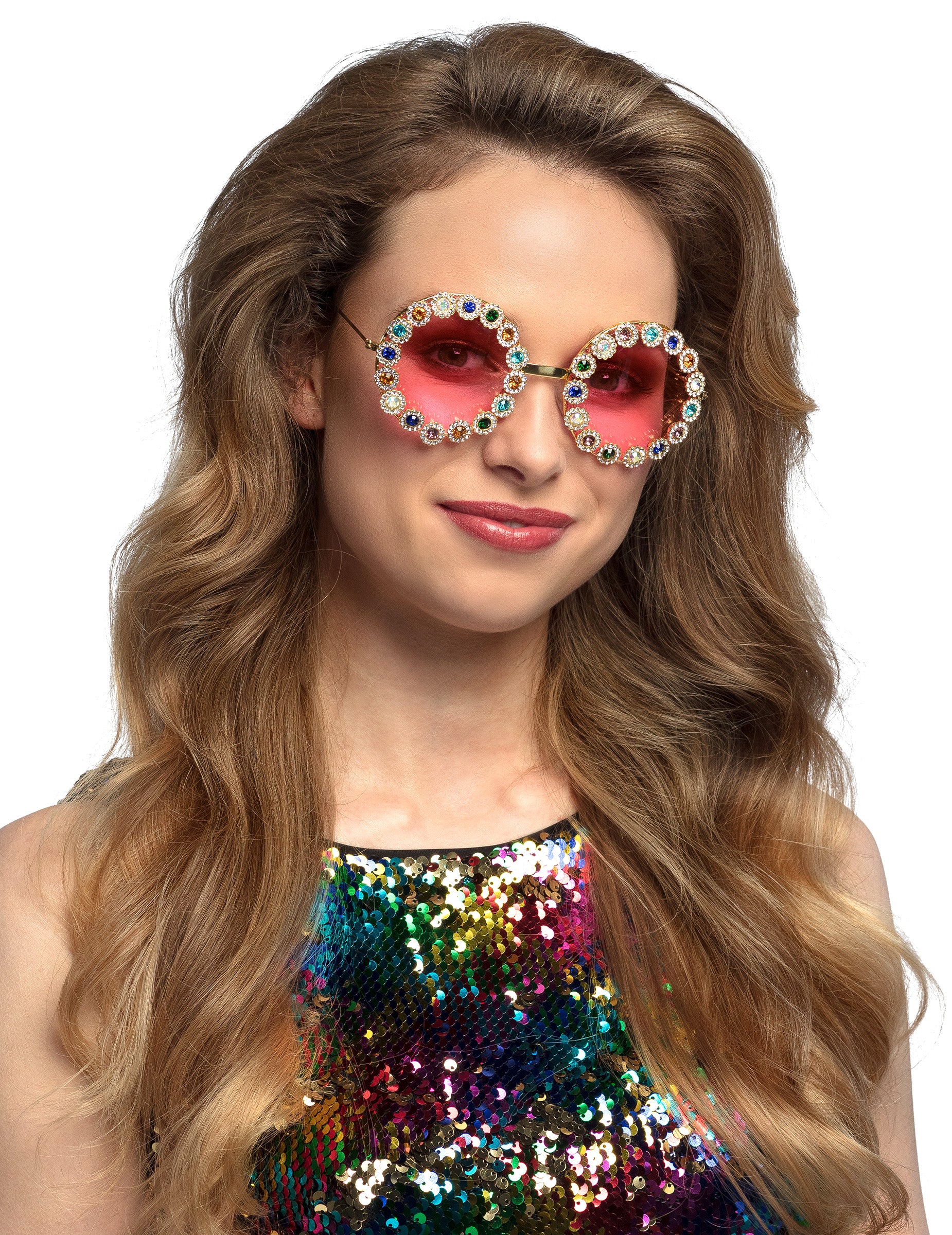Vue de face des lunettes rondes à strass colorés pour adulte