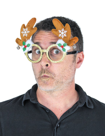 Lunettes Rudolph le renne pour adulte dorées pailletées avec bois et clochettes