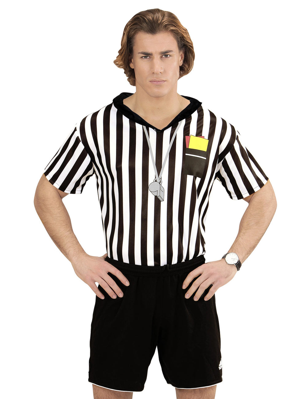 Détails du sifflet et des cartons imprimés du maillot d'arbitre pour adulte