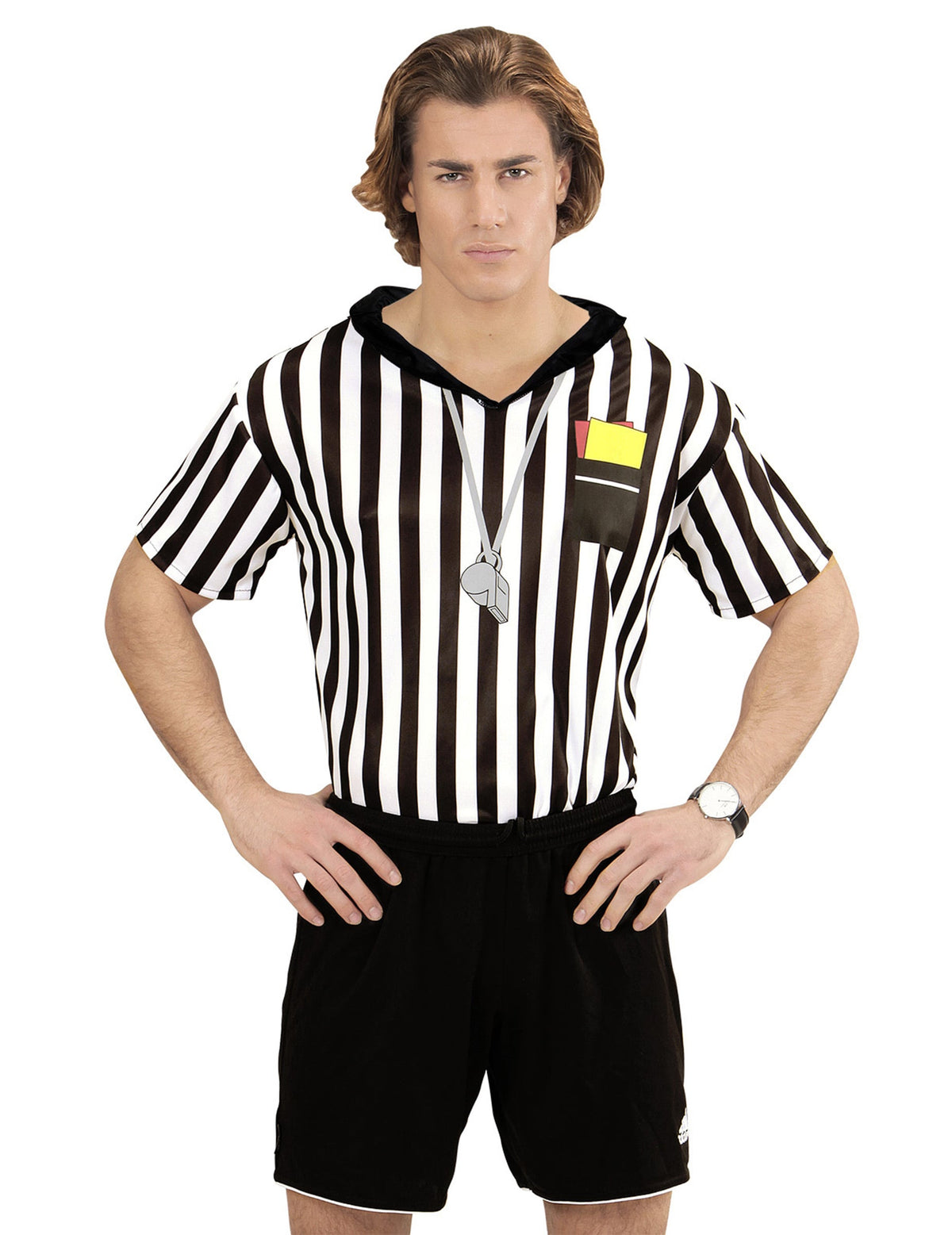 Détails du sifflet et des cartons imprimés du maillot d'arbitre pour adulte