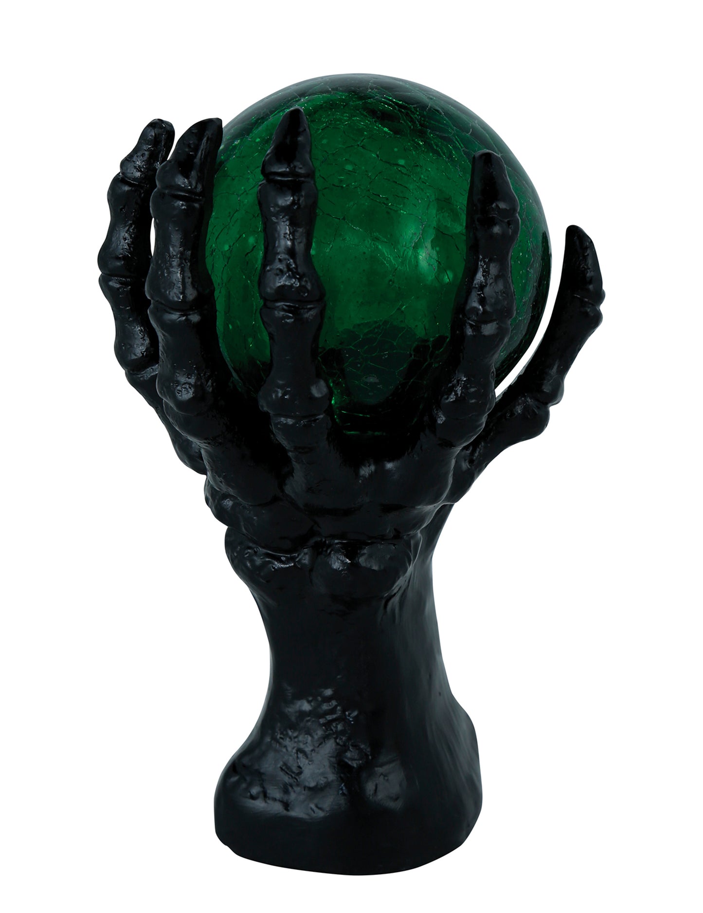 Čierna kostrová ruka so svietiacou krištáľovou guľou