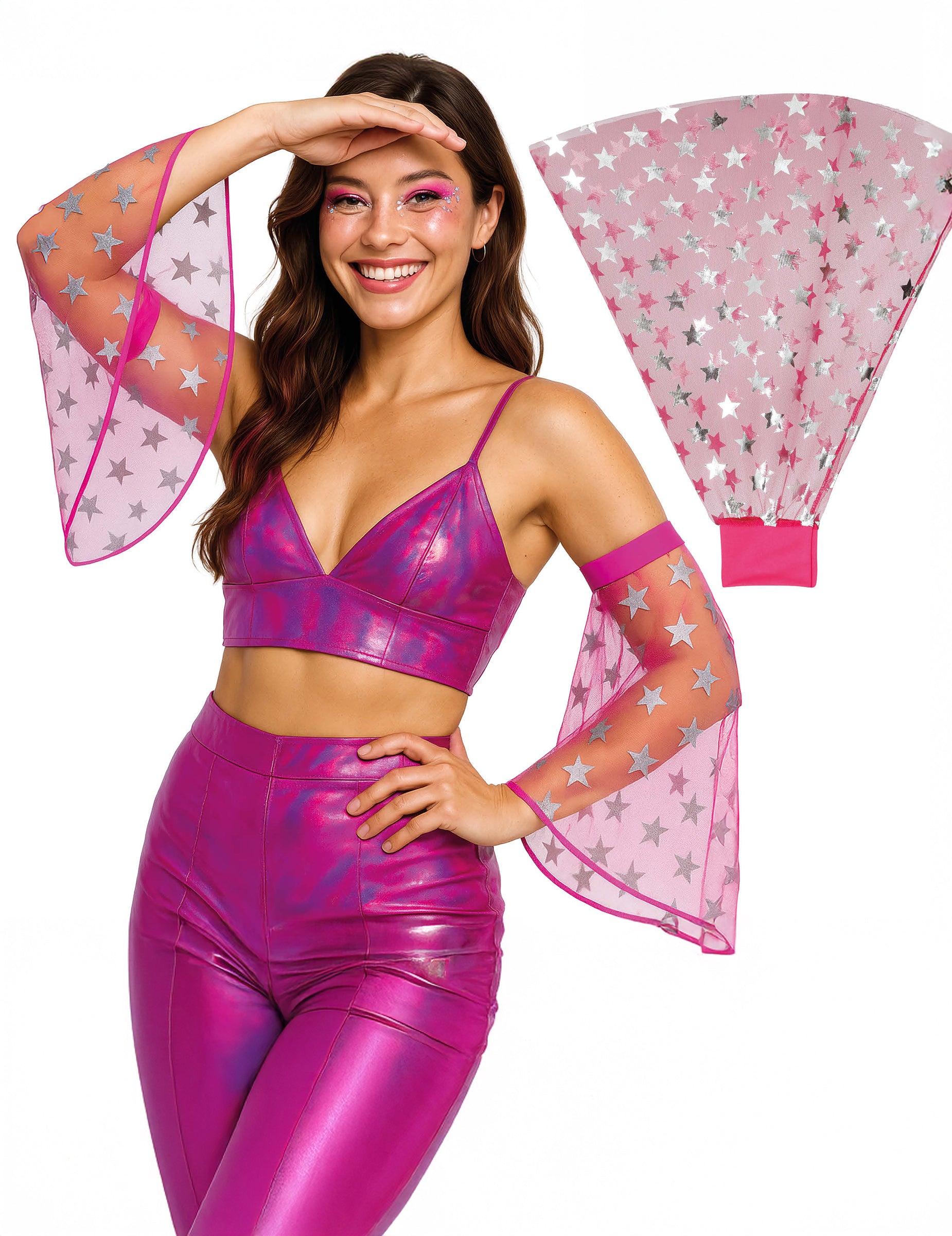 Manchettes disco étoiles pour femme roses avec motifs argentés