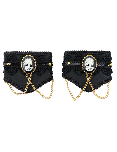 Manchettes gothiques pour femme noires avec camée et chaînettes dorées