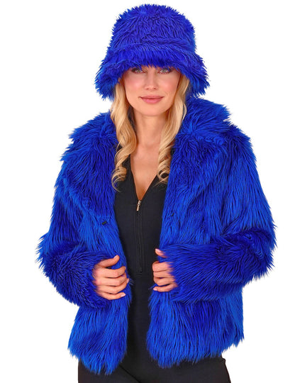Tmavomodrý kabát z umelej kožušiny pre dospelých 
