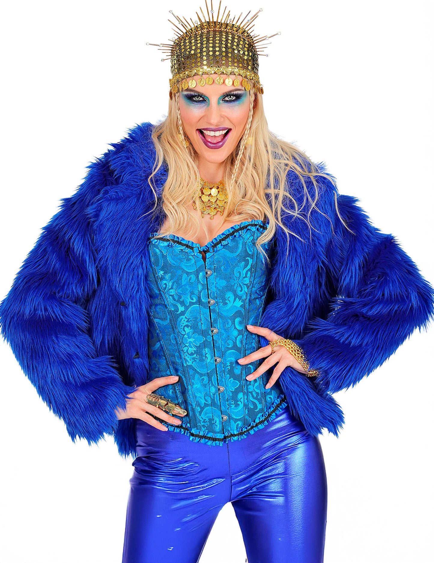 Tmavomodrý kabát z umelej kožušiny pre dospelých 