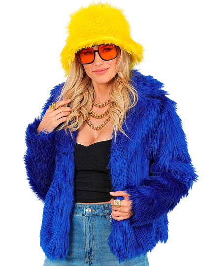 Tmavomodrý kabát z umelej kožušiny pre dospelých 