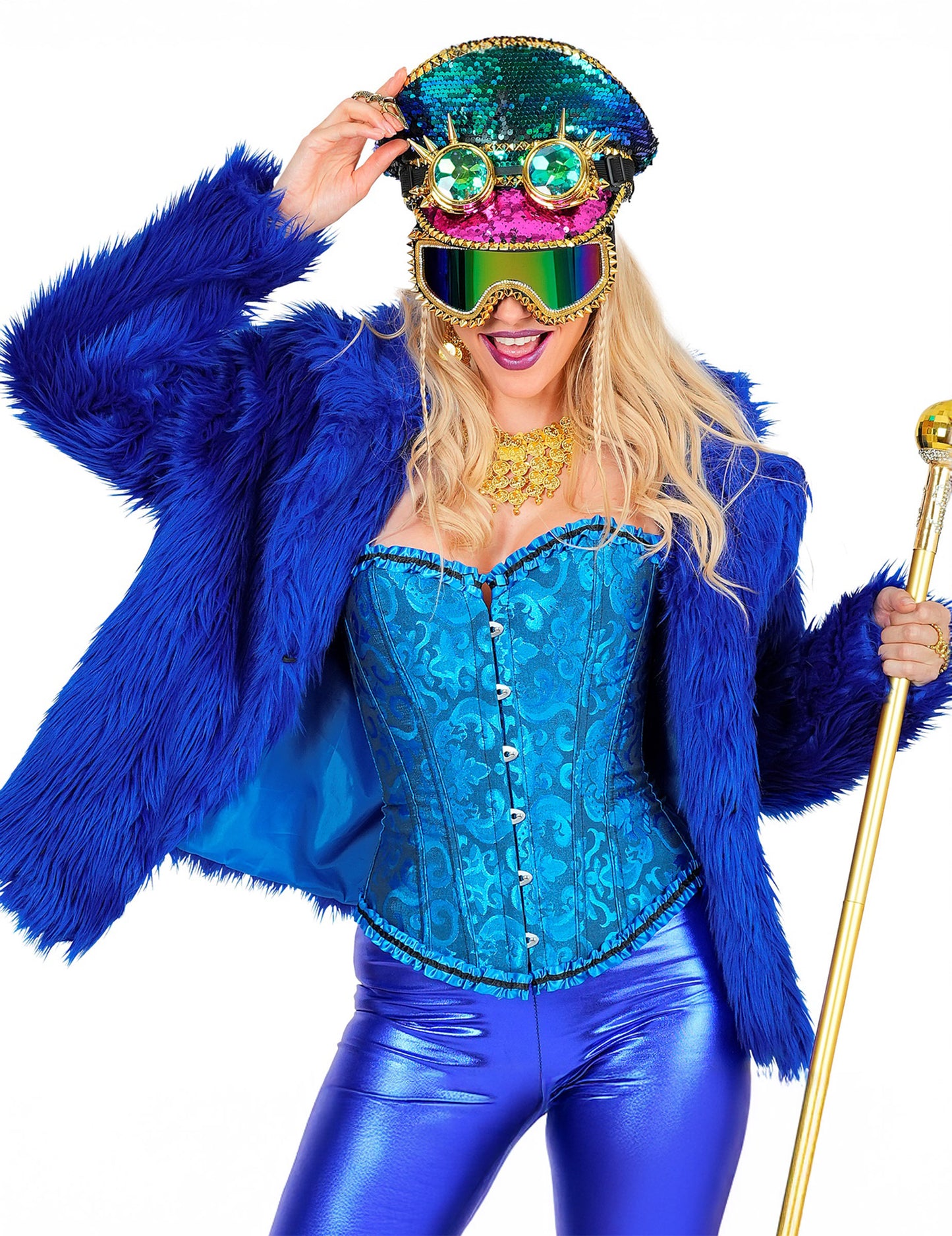 Tmavomodrý kabát z umelej kožušiny pre dospelých 