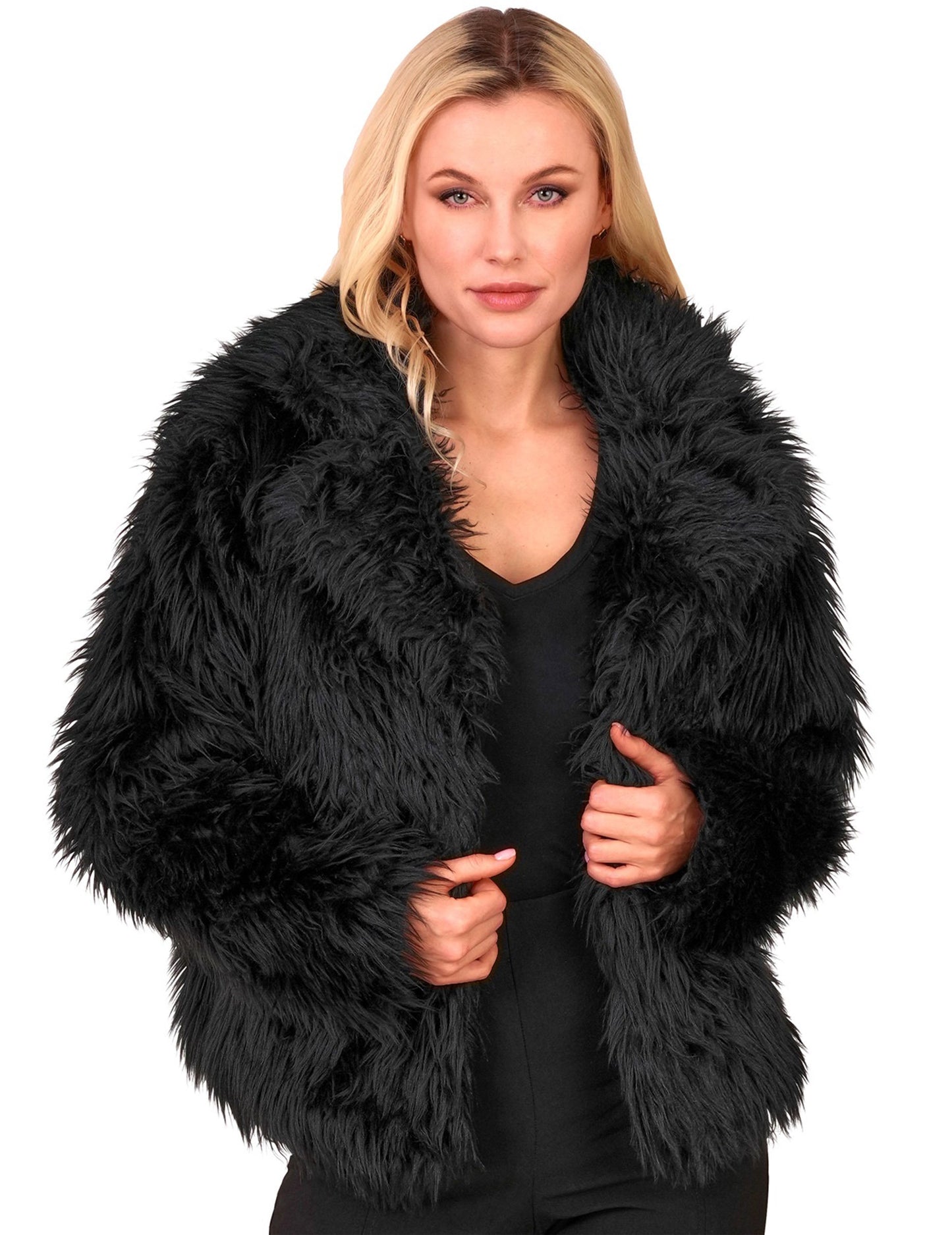 Čierny kabát z umelej kožušiny pre dospelých