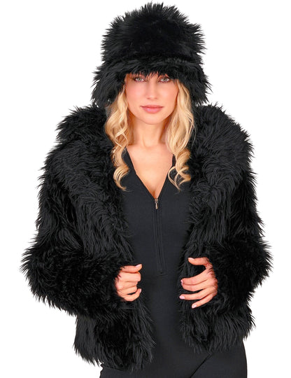Čierny kabát z umelej kožušiny pre dospelých