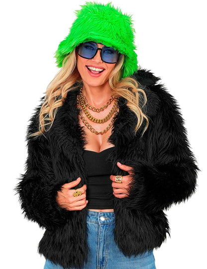 Čierny kabát z umelej kožušiny pre dospelých