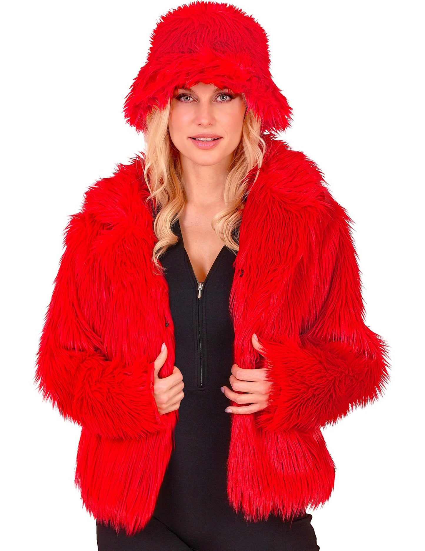 Červený kabát z umelej kožušiny pre dospelých