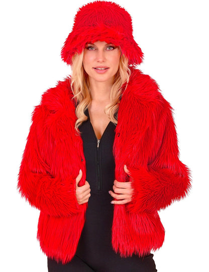 Červený kabát z umelej kožušiny pre dospelých