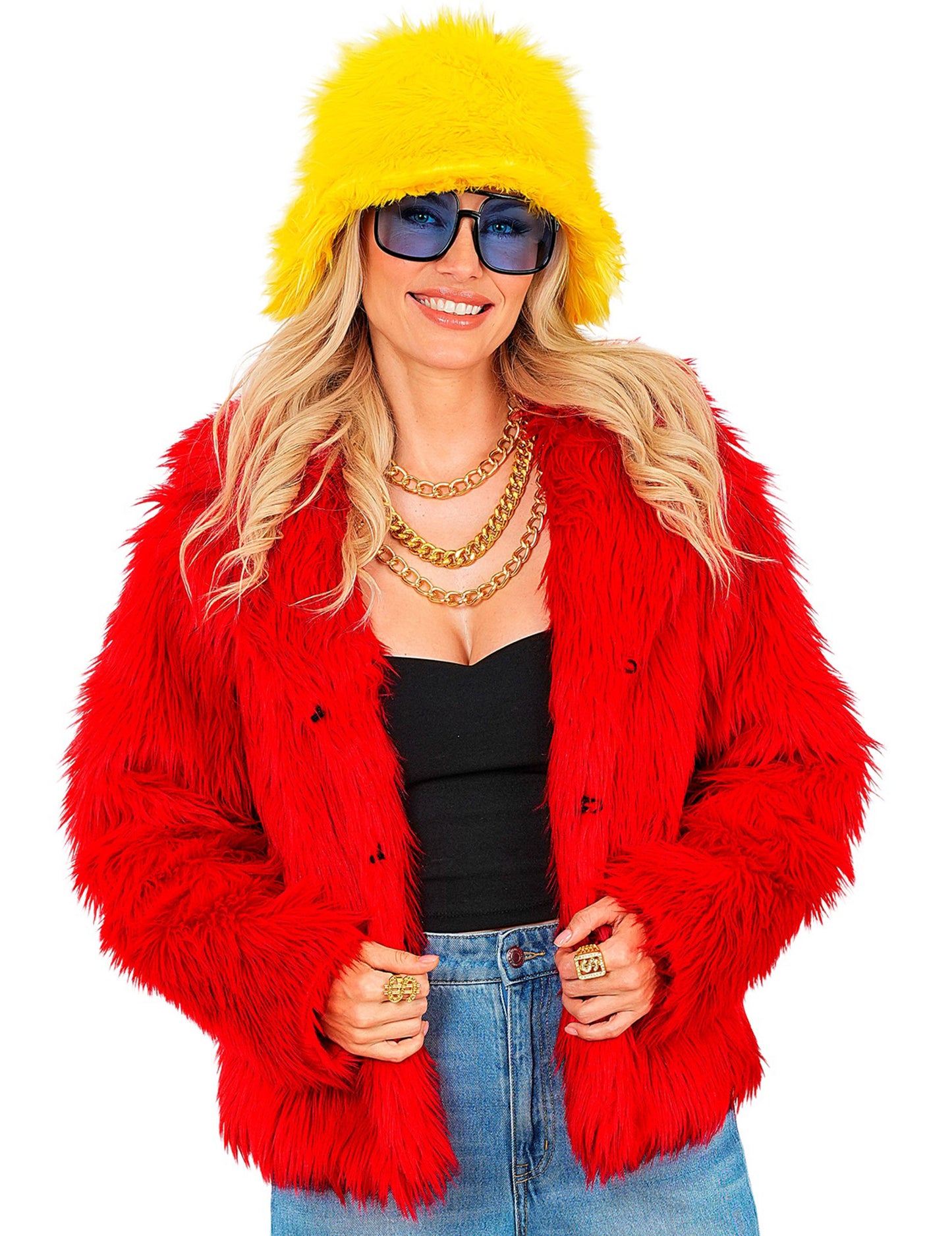 Červený kabát z umelej kožušiny pre dospelých