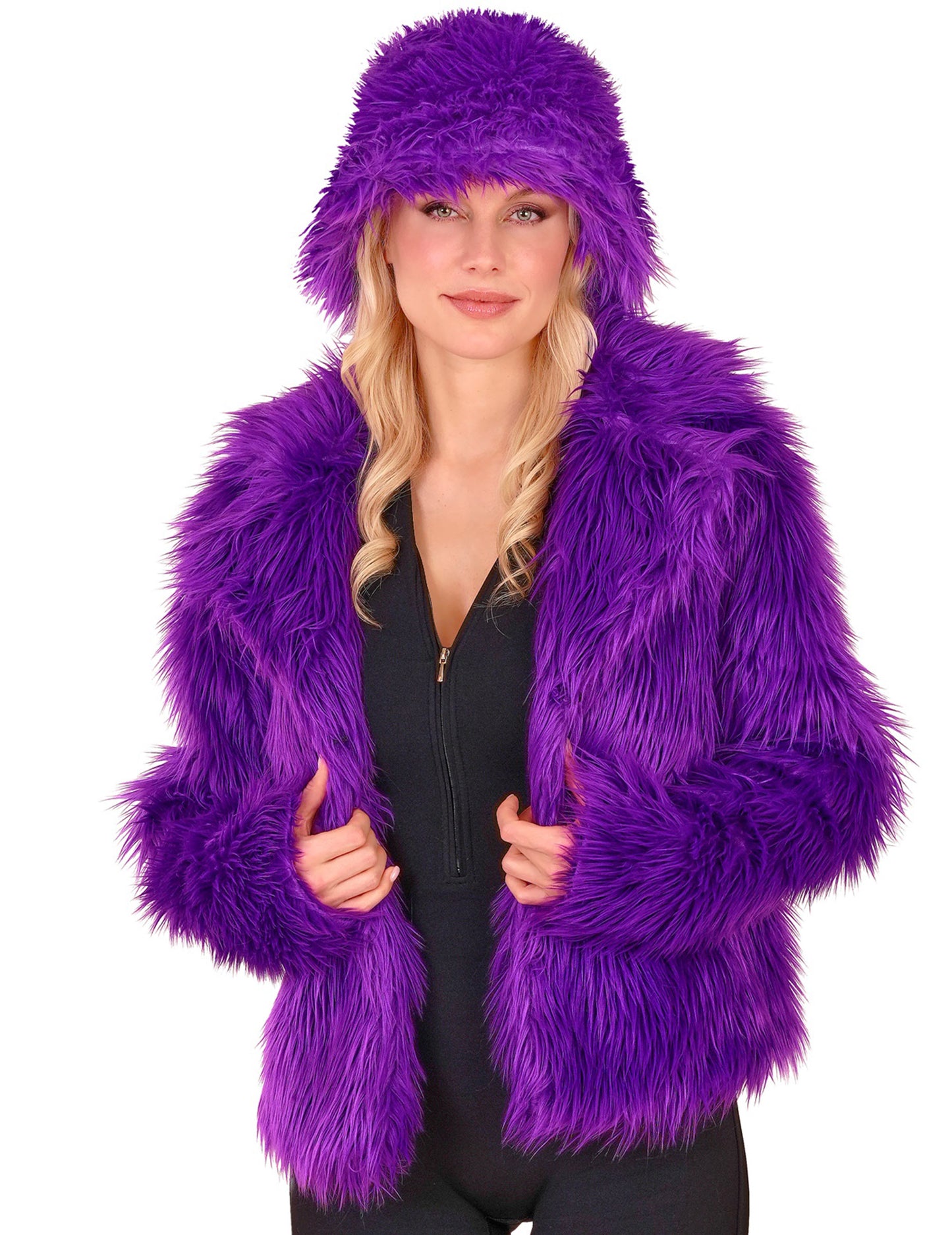 Fialový kabát z umelej kožušiny pre dospelých