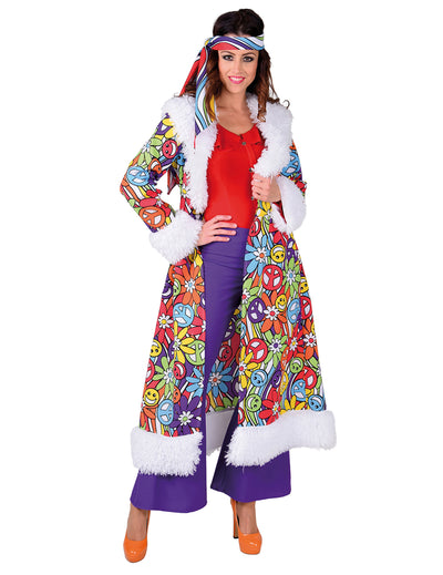 Manteau hippie pour adulte multicolore avec fourrure blanche et motifs peace and love