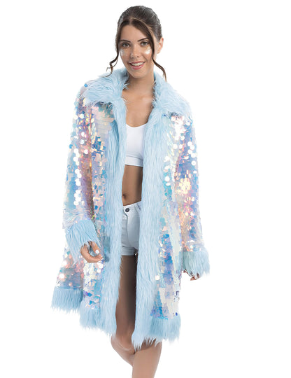 Obojstranný modrý flitrovaný kabát s umelou kožušinou pre dospelých