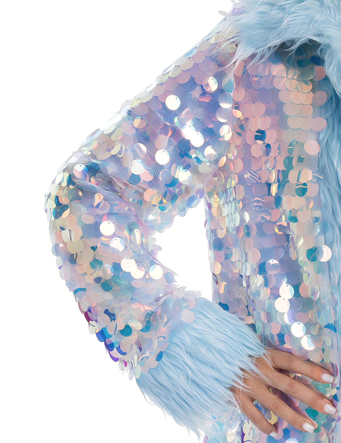 Obojstranný modrý flitrovaný kabát s umelou kožušinou pre dospelých