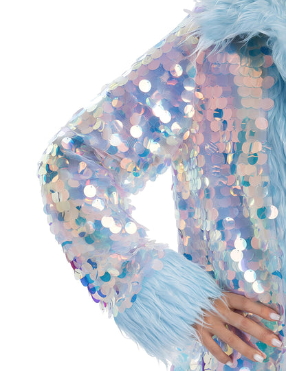 Obojstranný modrý flitrovaný kabát s umelou kožušinou pre dospelých