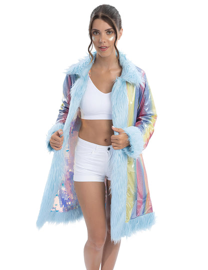 Obojstranný modrý flitrovaný kabát s umelou kožušinou pre dospelých