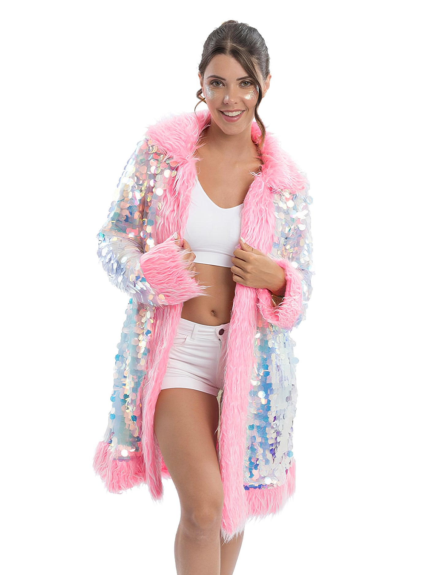 Obojstranný ružový kabát s flitrami a umelou kožušinou pre dospelých