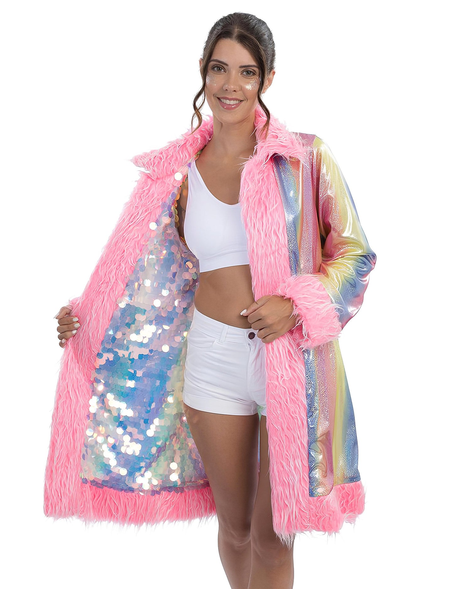 Obojstranný ružový kabát s flitrami a umelou kožušinou pre dospelých