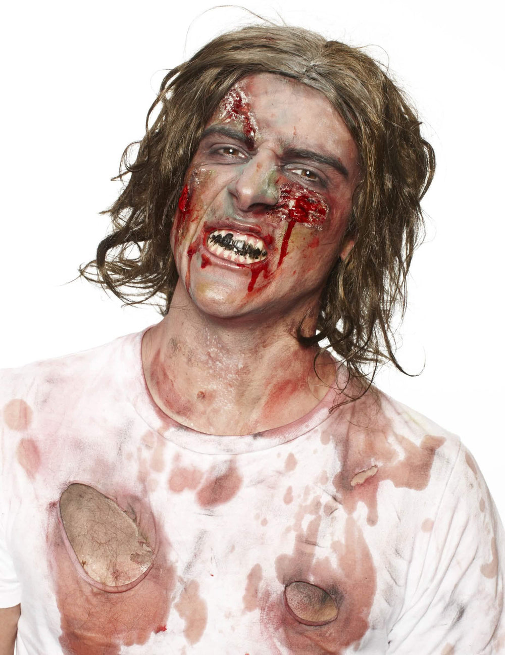 Pohľad spredu na zombie postavu z bielej tekutej latexovej líčidlá pre dospelého