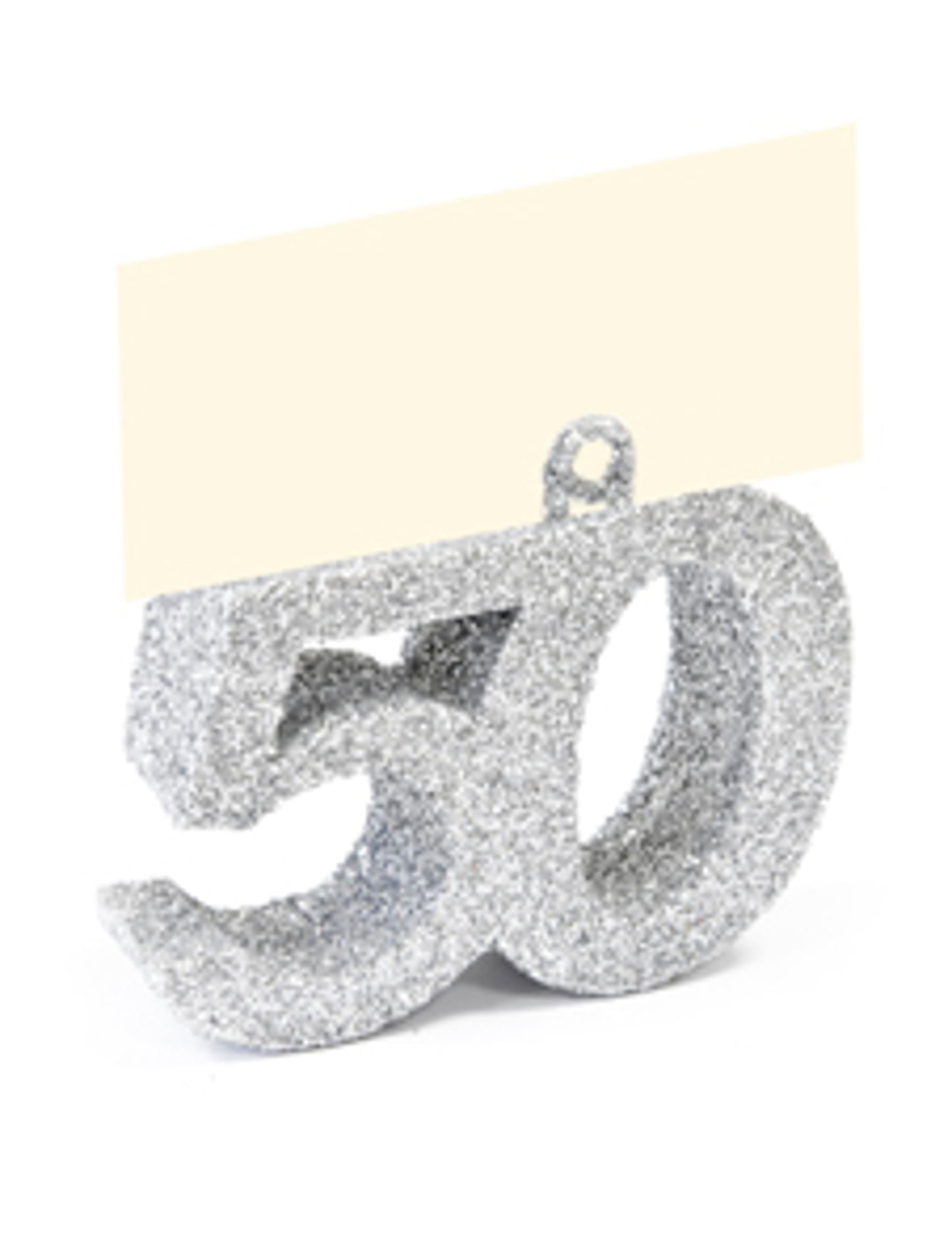 Strieborná trblietavá kartička s číslom 50, 4 x 4 x 1,5 cm cm s menovkou