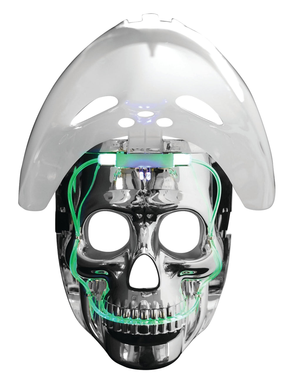 Détail du système de fils LED verts du masque 2 en 1 lumineux joueur de hockey
