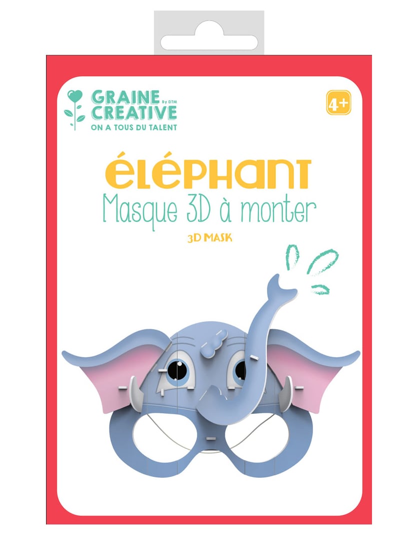 Masque 3D à monter en carton éléphant pour enfant bleu et rose