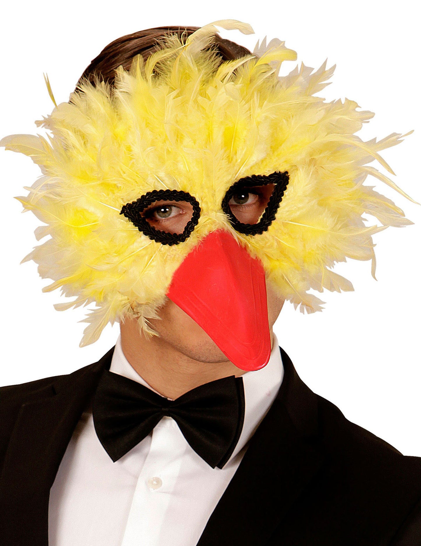 Masque à plumes oiseau pour adulte jaune avec bec rouge