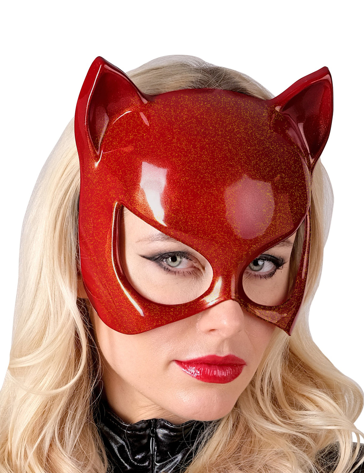 Gros plan du masque chat pour adulte rouge pailleté