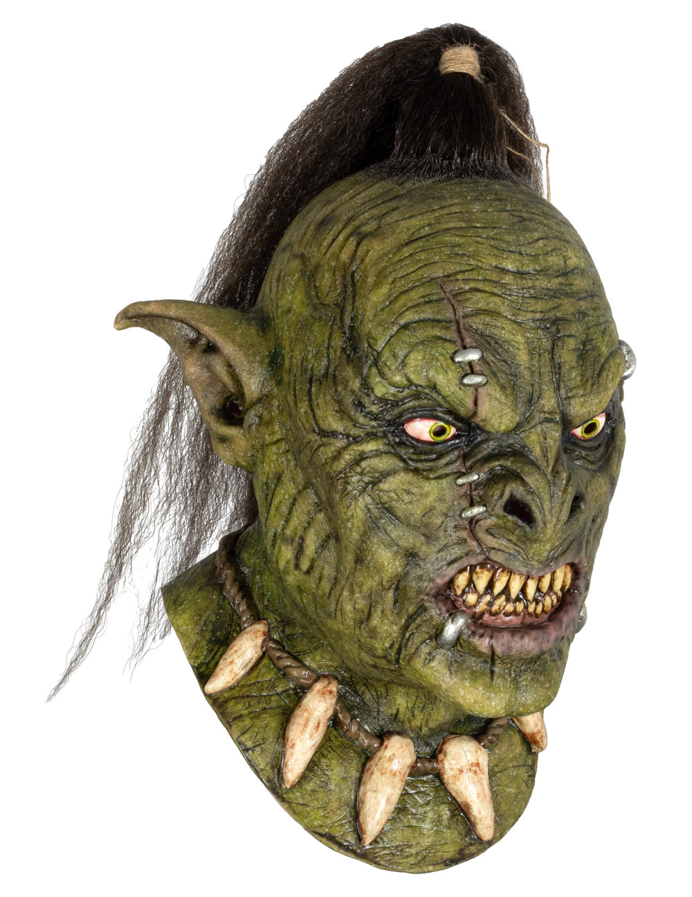 Masque de guerrier orc pour adulte vert avec queue de cheval et cicatrices