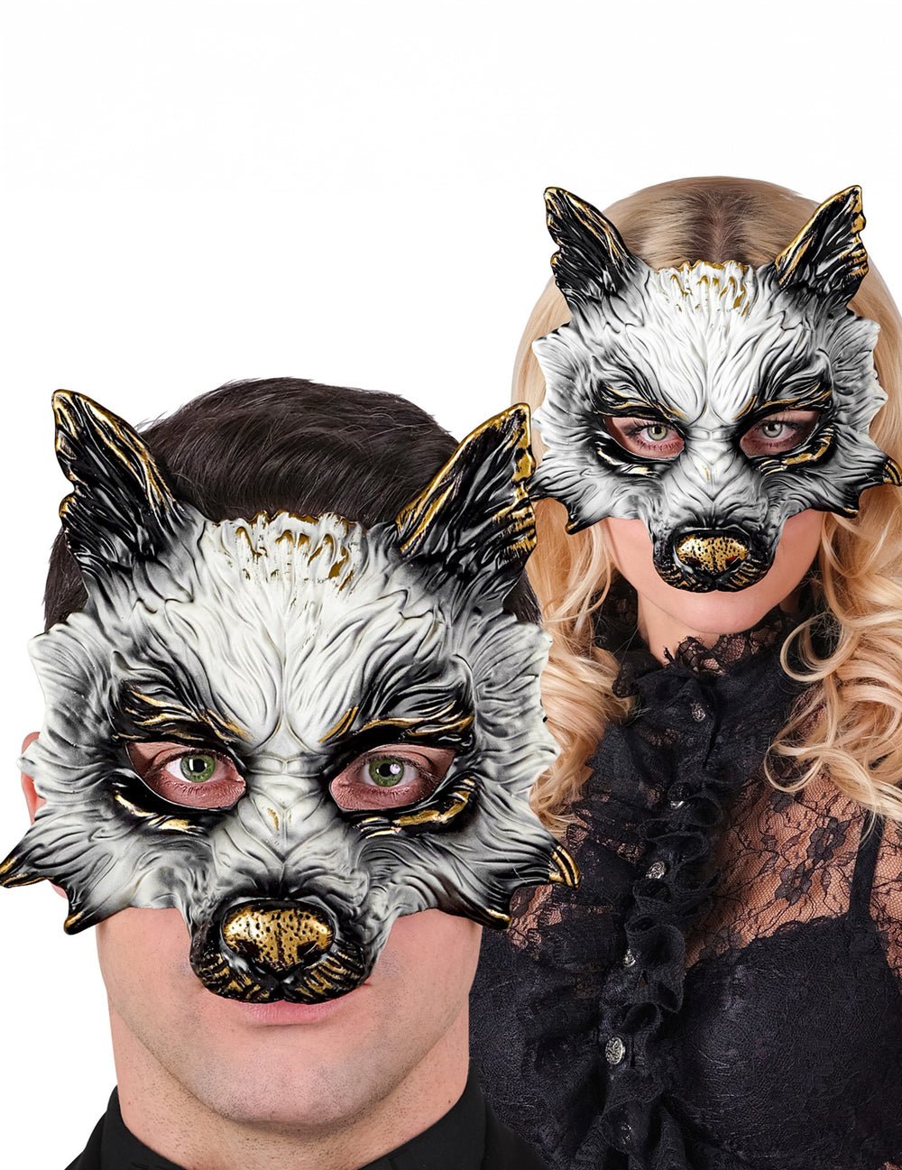 Vue portée par un homme et une femme du masque de loup pour adulte