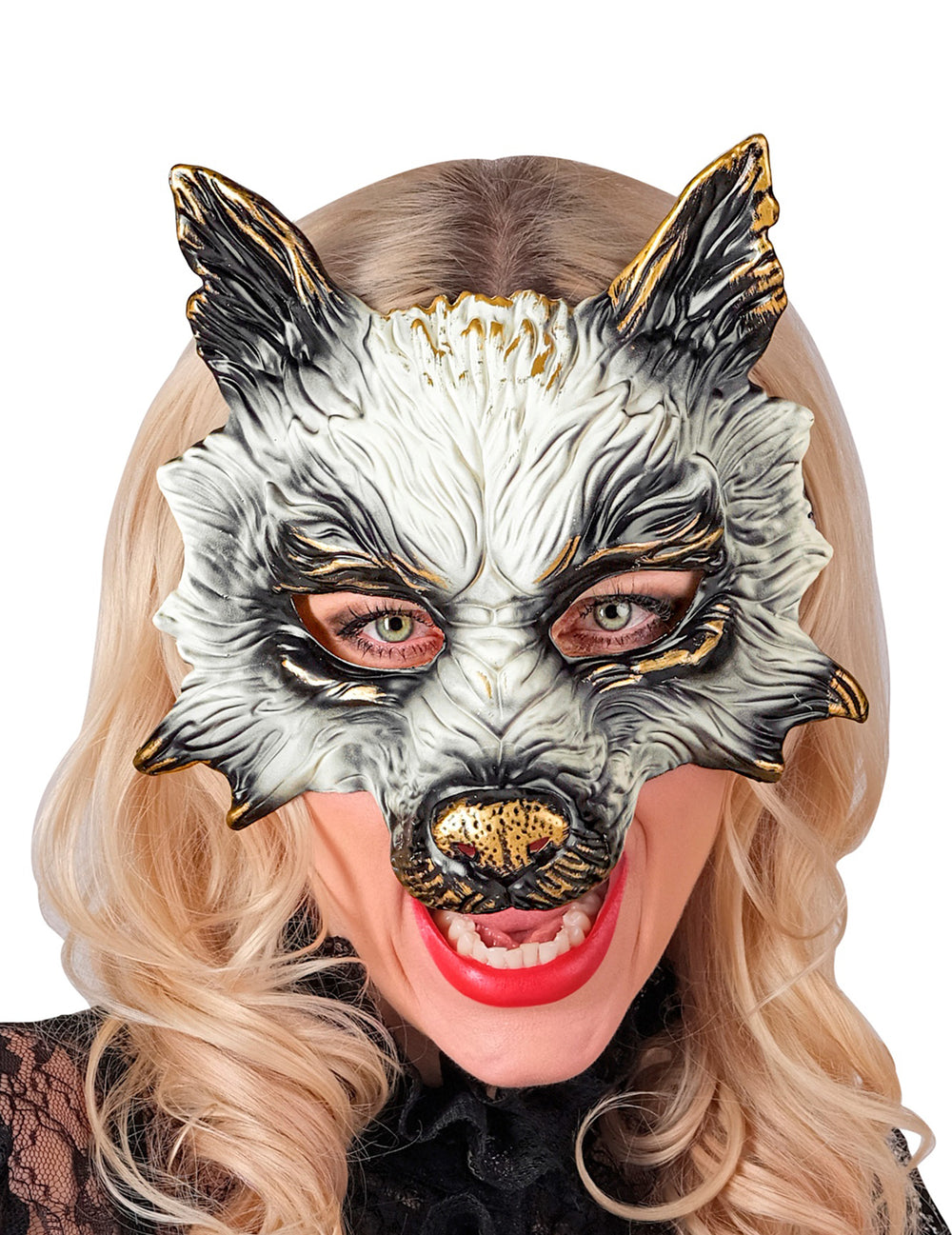 Masque de loup pour adulte blanc et noir avec dorures